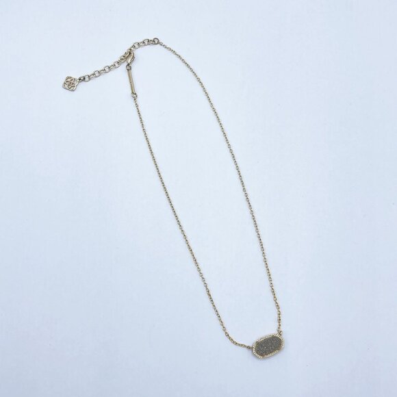 Kendra Scott Elisa Gold Necklace With Gray Drusy Stone Pendant Adjustable Chain - Picture 2 of 4